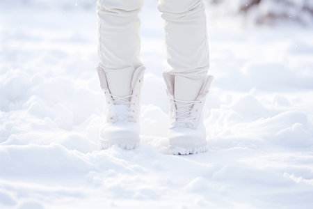Woman boots in the snow. Female legs with white boots on, in deep snow. Winter background. Generative AI illustrationの素材
