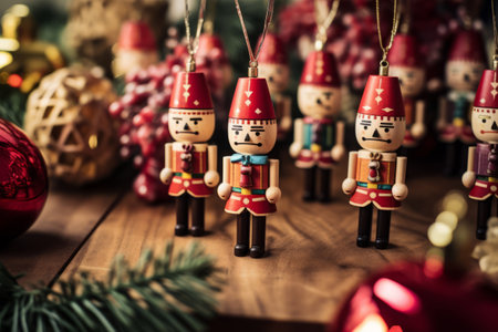 Wooden nutcrackers ornaments with painted details. Christmas toy soldier traditional figurine. Generative AI illustrationの素材