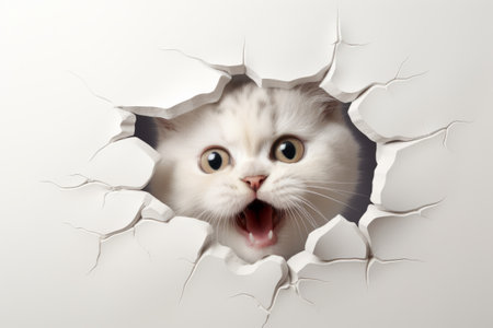 White baby cat looking from cracked white wall. Generative AI illustrationの素材