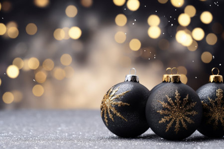 Black christmas balls with brown ornaments and bows on glitter bokeh backdrop. Christmas holiday and festive decoration concept. Generative AI illustrationの素材