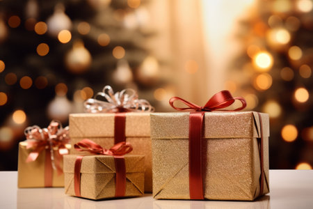 Gifts in front of a christmas tree. Christmas presents on floor near fir tree. Generative AI illustrationの素材