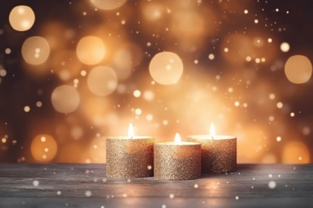 Christmas burning candles with snowflakes on bokeh background. Generative AI illustrationの素材