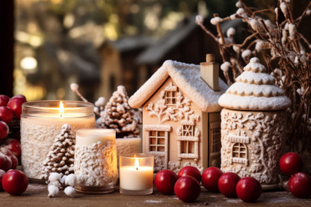 Winter candles with rustic designs and apples. Generative AI illustrationの素材