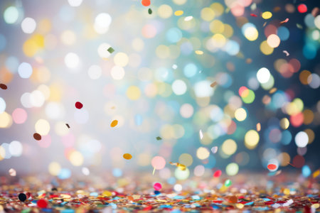 Confetti in front of colorful background with bokeh for carnival. Generative AI illustrationの素材