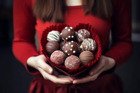 Woman holding box with delicious heart shaped chocolate candies. Valentines day. Generative AI illustrationの素材
