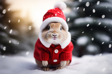 Cute fluffy rabbit in a red Santa's hat. Generative AI illustrationの素材