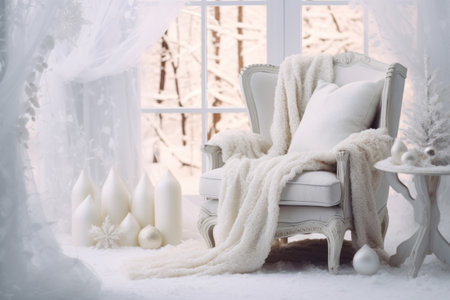 Corner with a plush armchair and a white blanket. Cozy winter scene in light interior. Generative AI illustrationの素材