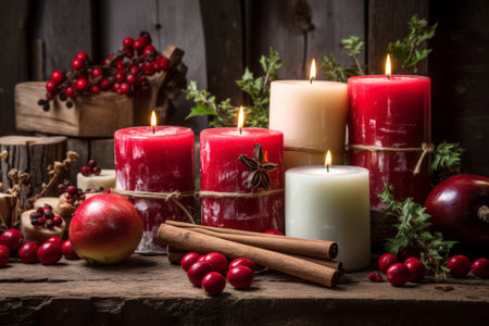 Winter candles with rustic designs and apples. Generative AI illustrationの素材