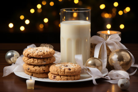 Traditional Christmas homemade cookies, candle and cup of milk with Christmas decor on blurred lights background. Generative AI illustrationの素材