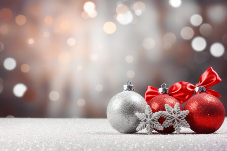 Beige christmas balls with brown ornaments and bows on glitter bokeh backdrop. Christmas holiday and festive decoration concept. Generative AI illustrationの素材