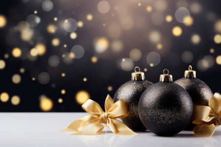 Black christmas balls with brown ornaments and bows on glitter bokeh backdrop. Christmas holiday and festive decoration concept. Generative AI illustrationの素材