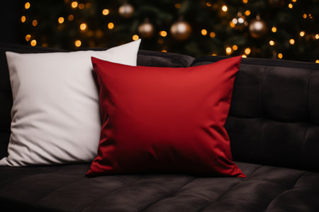 Christmas red and white pillows on dark red sofa. Living room decorated with a Christmas tree. Generative AI illustrationの素材