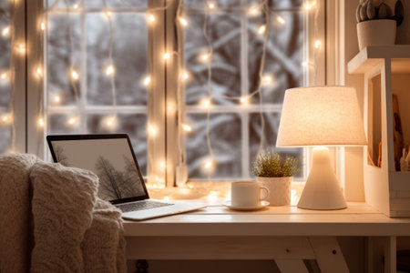 Desk with twinkling lights and winter decorations. Cozy workspace. Generative AI illustrationの素材