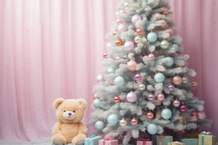 Christmas tree with soft pastel decorations. Generative AI illustrationの素材