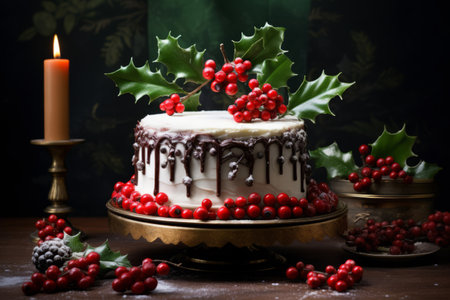 Festive Christmas cake adorned with edible holly leaves and berries. Generative AI illustrationの素材