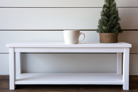 Mock up of plain white blank coffee mug on console table. Christmas farmhouse decor. Generative AI illustrationの素材