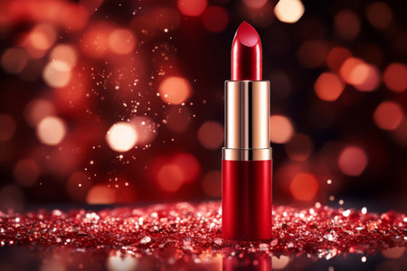 Glamorous red lipstick tube on sparkling holiday background. Generative AI illustrationの素材