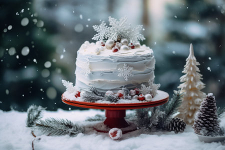 Elegant winter wedding cake adorned with snowflake decorations. Winter wedding. Generative AI illustrationの素材