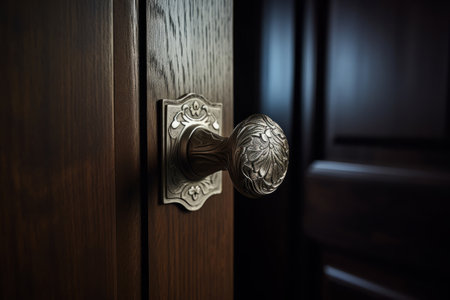Stylish classic handle on a wooden door. Interior design. Generative AI illustrationの素材