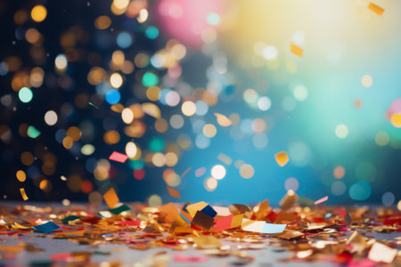 Confetti in front of colorful background with bokeh for carnival. Generative AI illustrationの素材