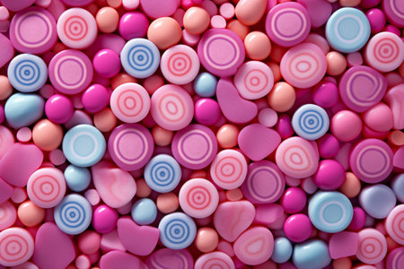 Colorful lollipops and different colored round candy. Top view. Generative AI illustrationの素材