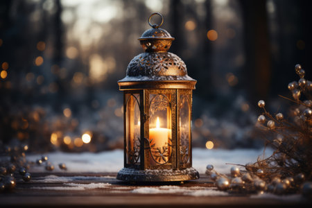 Decorated christmas lantern on snow. Generative AI illustrationの素材
