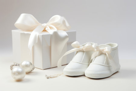 White baby cute booties and gift box on light background. Baby shower. Generative AI illustrationの素材