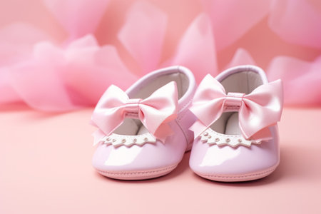 Adorable baby girl shoes with festive accents on a pink background. Generative AI illustrationの素材