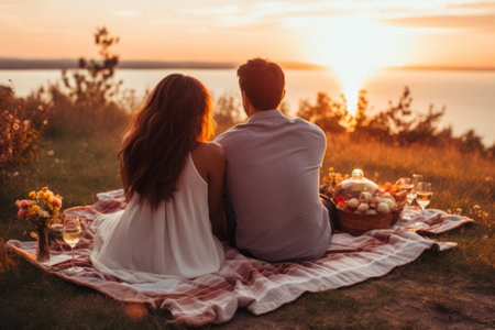 Beautiful couple is enjoying romantic picnic time at sunset. Generative AI illustrationの素材