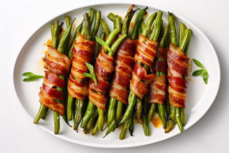 Grilled green asparagus wrapped with bacon. Bacon wrapped roasted green bean bundles in serving platter. Generative AI illustrationの素材