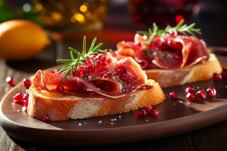 Toasts with cheese cream, ham and cranberry sauce. Generative AI illustrationの素材
