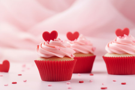 Cupcakes with decorations, with cream cheese and frosting for Valentine's day. Generative AI illustrationの素材