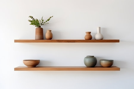 Wood floating shelf with plants and vases on white wall. Interior design of modern living room. Generative AI illustrationの素材