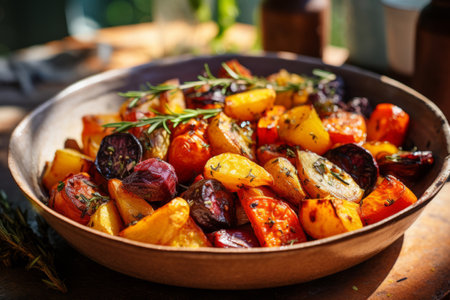 Roasted colorful autumn vegetables. Vegan cuisine. Grilled mixed vegetables. Generative AI illustrationの素材