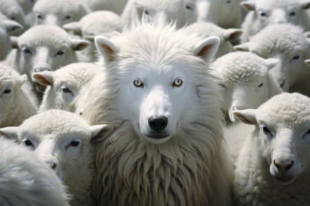 One white wolf among a flock of white sheeps. Wolf pretending to be a sheep concept. Generative AI illustrationの素材