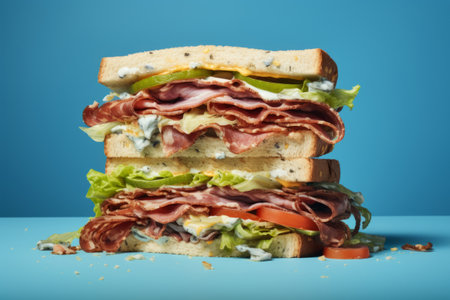 Big sandwich with ham, salad and tomatoes on blue background. Generative AI illustrationの素材