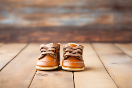 Adorable baby shoes on wooden floor. Generative AI illustrationの素材