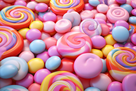 Colorful lollipops and different colored round candy. Top view. Generative AI illustrationの素材