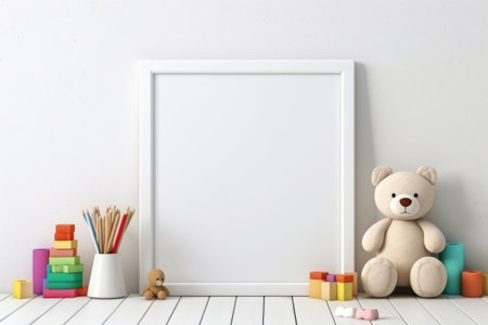 White wooden blank frame surrounded by playthings and colorful toys. Generative AI illustrationの素材