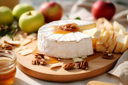 Brie cheese with honey garnished with nuts and apples. Generative AI illustrationの素材