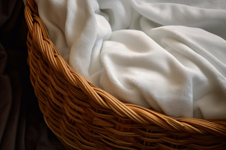 Corner of white blanket hanging from a wicker basket. Generative AI illustrationの素材
