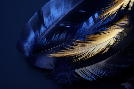 Luxurious dark blue feather with gold splatter glistering dust on dark blue background. Generative AI illustrationの素材