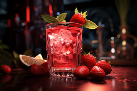Fresh homemade cocktail with raspberry and strawberry. Drink with fruits and mint. Generative AI illustrationの素材