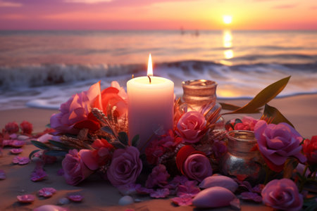Romance by the sea side. Candles, flowers and sunset. Generative AI illustrationの素材