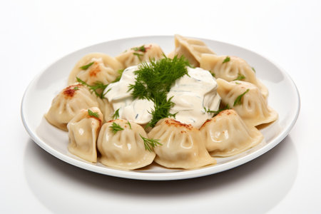 Russian meat dumplings pelmeni. Boiled dumplings with greenery dill and sauce. Cooking dough products with meat. Generative AI illustrationの素材