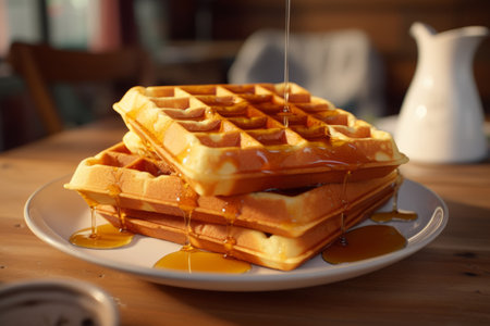 Waffles in a plate on the wooden table on blurred background. Generative AI illustrationの素材