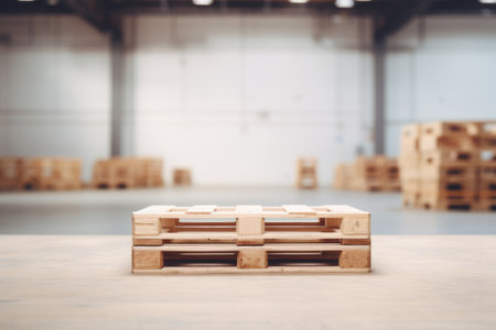 Empty wooden pallet on blurred warehouse background. Generative AI illustrationの素材