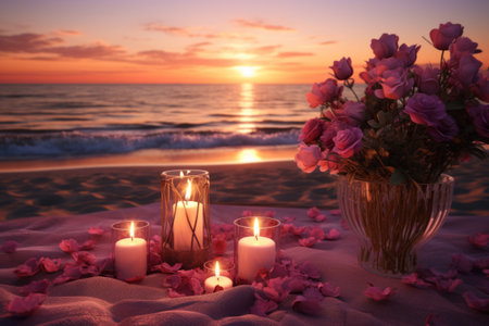 Romance by the sea side. Candles, flowers and sunset. Generative AI illustrationの素材