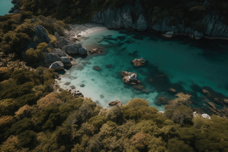 A tropical island in the middle of the ocean. Green palm trees and beach on the island. A place to relax. Subtropical isle with palm trees. Generative AI illustrationの素材