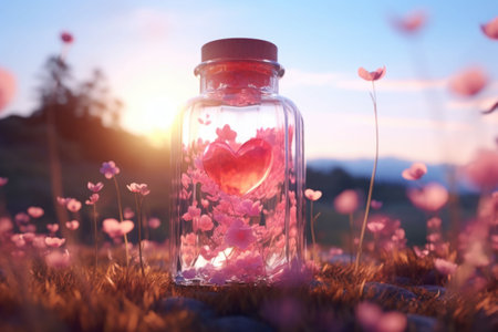 Flowers in a glass bottle, flowers field setting. Generative AI illustrationの素材